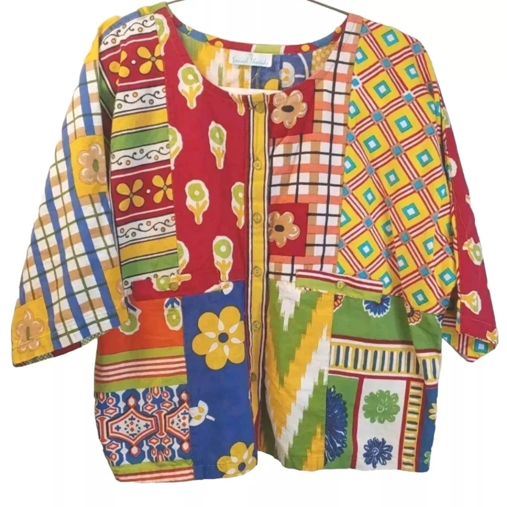 Scared Threads Dolman Cropped Top Sz Small Fairy Boho Colorful Patchwork Button